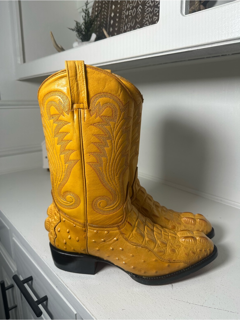 Botas El Paisa Exotic Ostrich Leg Cowboy Boots Women’s 9 Men’s 7.5 Mustard - Picture 5 of 11